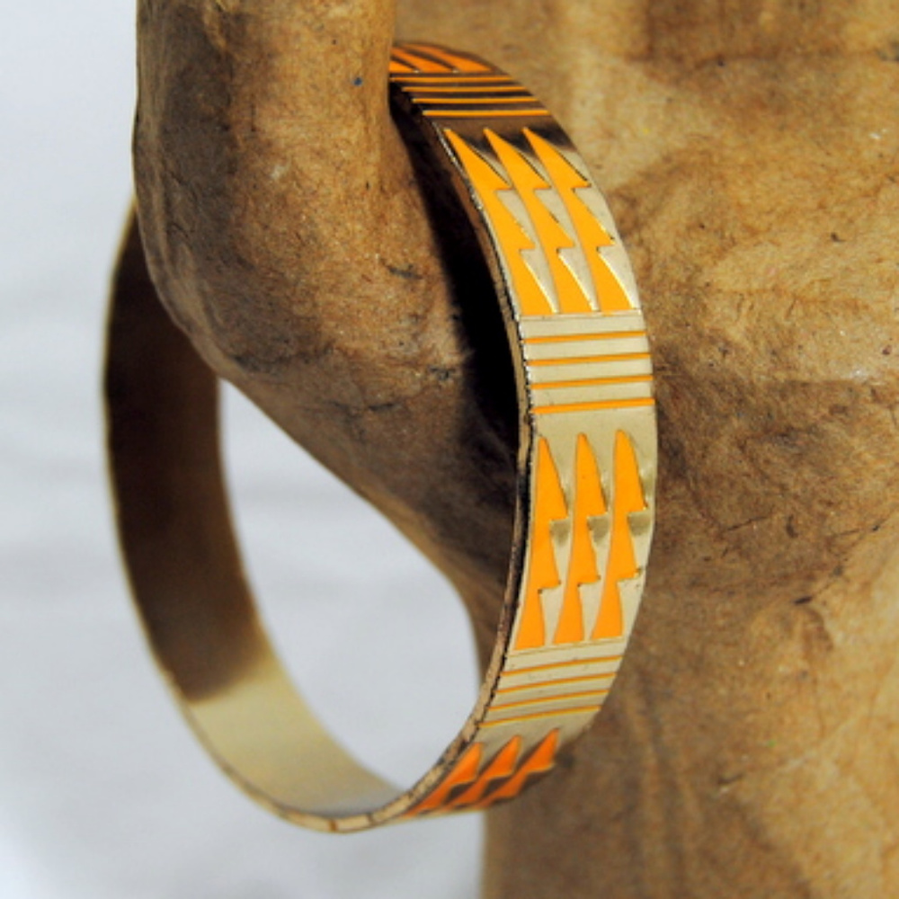 Gold Bracelet Cuff Engraved Triangular Design - Picture 2 of 4